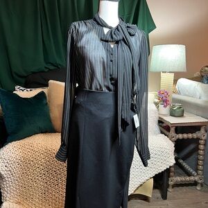 Elegant Black Striped Tie Neck Blouse